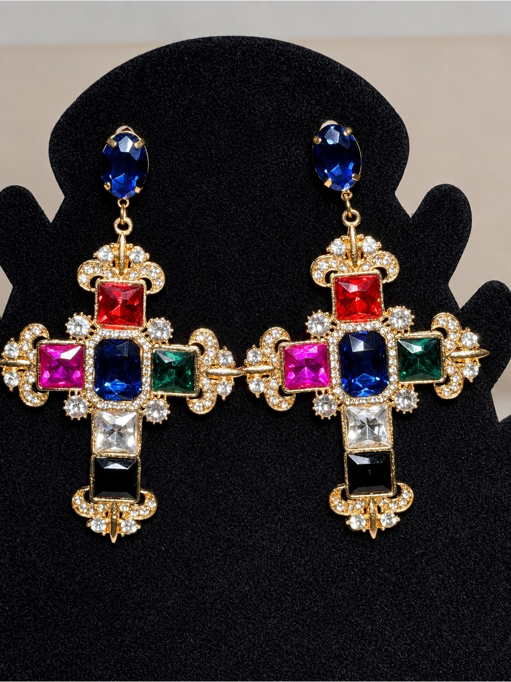 Multicolor Crystal Cross Statement Earrings